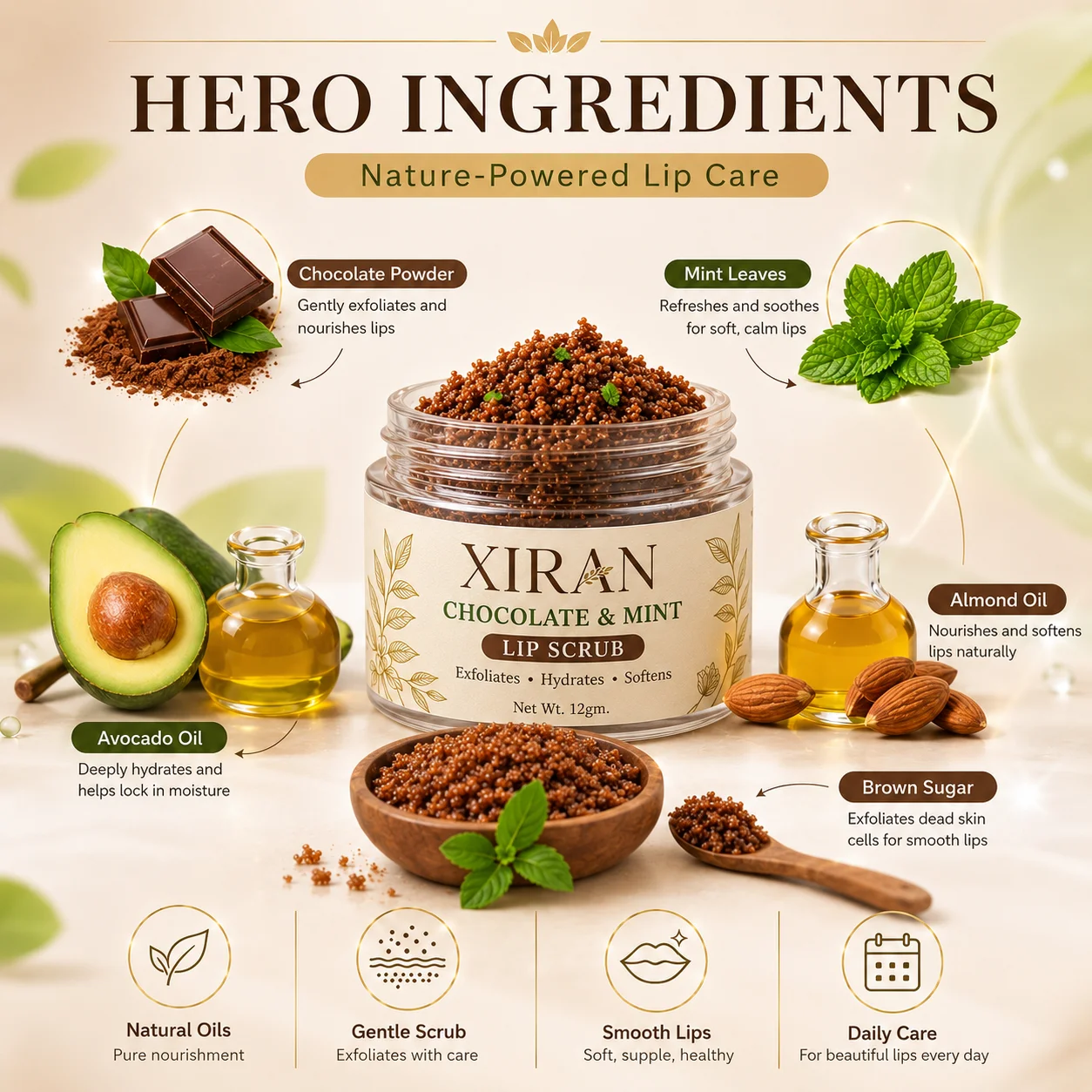 Chocolate and mint lip scrub in a jar surrounded by key ingredients like avocado oil, mint leaves, almond oil, chocolate powder, and brown sugar alongside descriptive text.